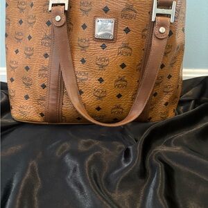 MCM Cognac Visetos Monogram Shopper with Black Accents